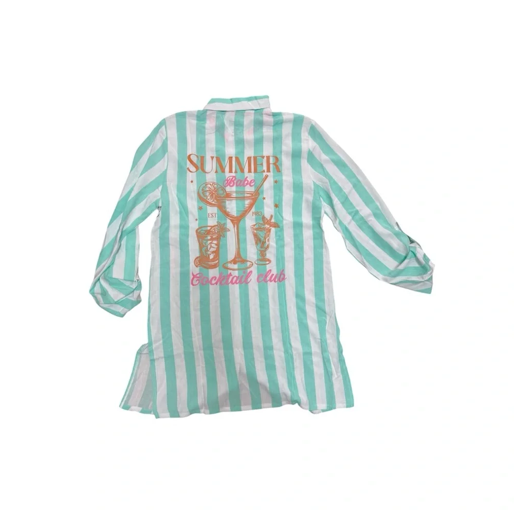 Betsey Johnson Striped Beach Cover-Up Shirt, Seafoam